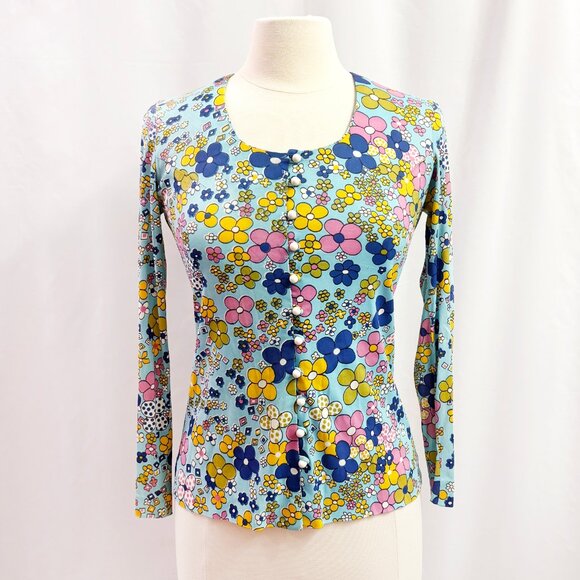 Vintage flower power blue floral button down shirt/cardigan - fits like a medium - Picture 1 of 9